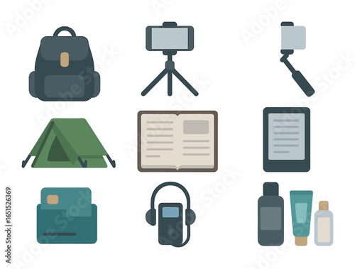 Solo Traveler Essentials. Flat icon set of solo traveler items: compact backpack, phone tripod, selfie stick,