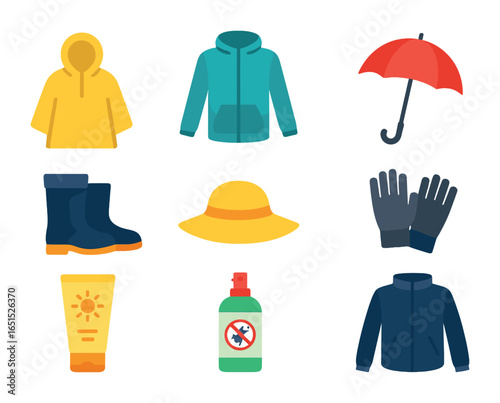 Travel Weather Gear Icons. Flat icon set of weather gear for travel: rain poncho, windbreaker, umbrella,