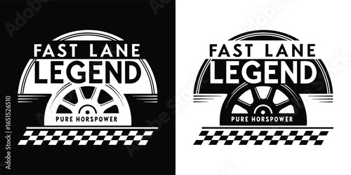 Fast lane legend logo with checkered flag and wheel, representing speed and automotive power, isolated on white background