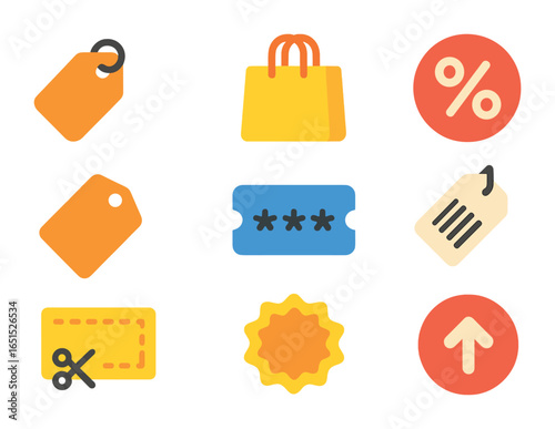 Discount Shopping Icons. Flat icon set of discount shopping elements: sale tag, shopping bag, discount percent
