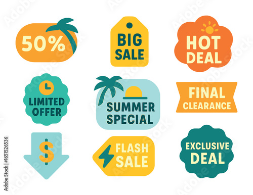 Summer Sale Icons. Flat icon set of summer sale banners: 50% off label, big sale tag, hot deal sticker,