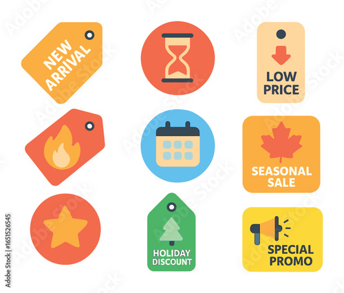 Shopping Label Icons. Flat icon set of shopping labels: new arrival tag, limited time offer, low price label,