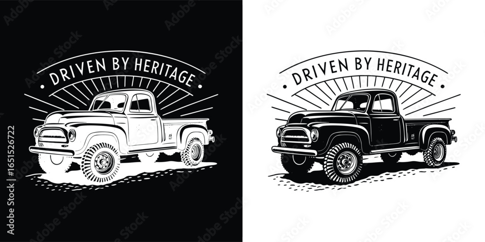 Obraz premium Vintage pickup truck illustration with the text driven by heritage on a black and white background, symbolizing classic automotive legacy and adventure