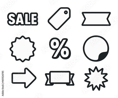 Bold Sale Icons. Flat icon set of bold sale graphics: heavy font label, thick outline tag, chunky banner,
