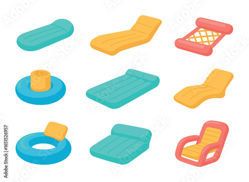 Inflatable Water Lounges Icons. Flat icon set of inflatable water lounges: air lounger, reclining float, mesh