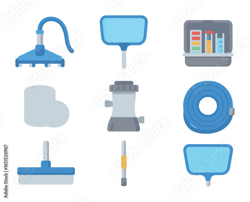 Pool Cleaning Icons. Flat icon set of pool cleaning equipment: pool vacuum, skimmer net, test kit, chlorine
