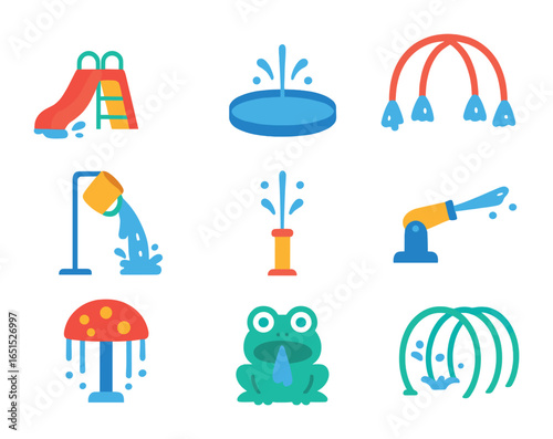 Water Play Icons. Flat icon set of water play structures: mini slide, splash pad, water arch, tipping bucket,