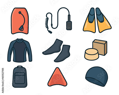 Bodyboarding Gear Icons. Flat icon set of bodyboarding gear: bodyboard, leash, fins, rash guard, fin socks,