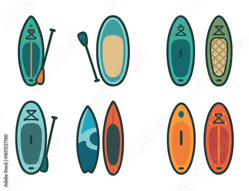 Paddleboard Icons Grid. Flat icon set of stand-up paddleboard types: touring SUP, yoga SUP, all-round SUP,
