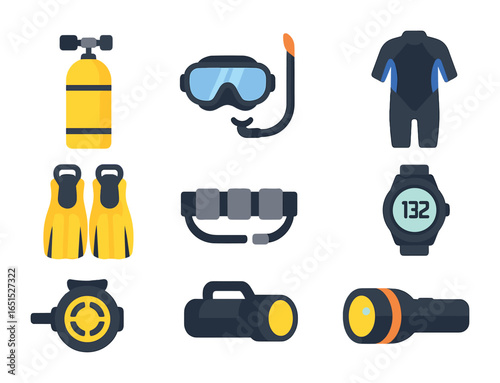 Scuba Diving Gear Icons. Flat icon set of scuba diving gear: oxygen tank, diving mask, snorkel, wetsuit,