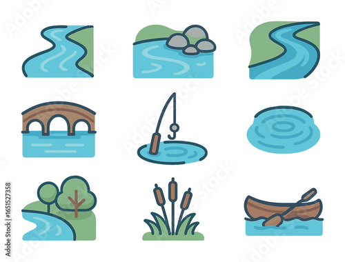 River Landscape Icons. Flat icon set of river landscapes: flowing river, riverside rocks, river bend, bridge