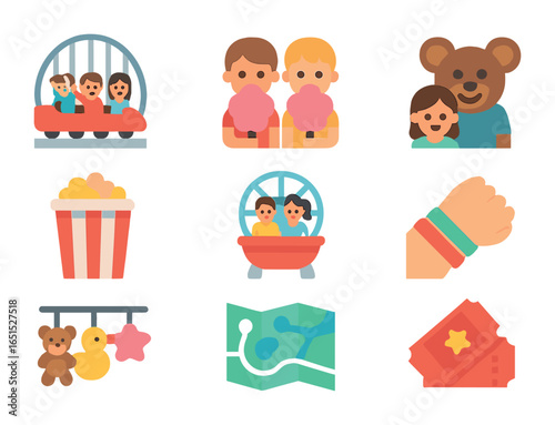 Theme Park Icons. Flat icon set of theme park visits: roller coaster family, kids with cotton candy, mascot