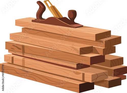 Vintage hand plane resting on stack of rough lumber ready for woodworking projects