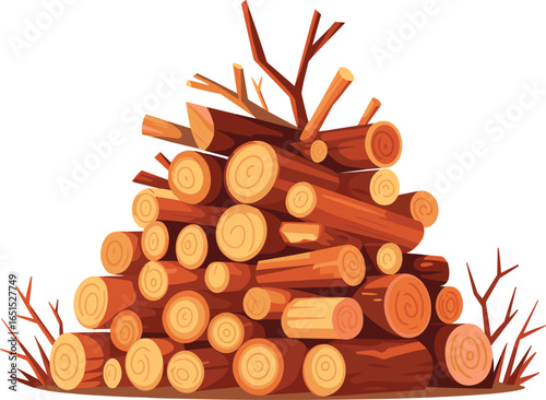 A tall stack of freshly cut logs with bare branches scattered around