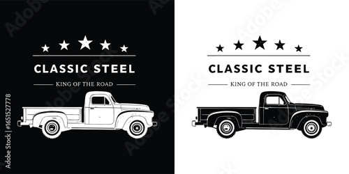 Classic steel pickup truck logo with stars, representing vintage automotive and road trip adventure, isolated on white background