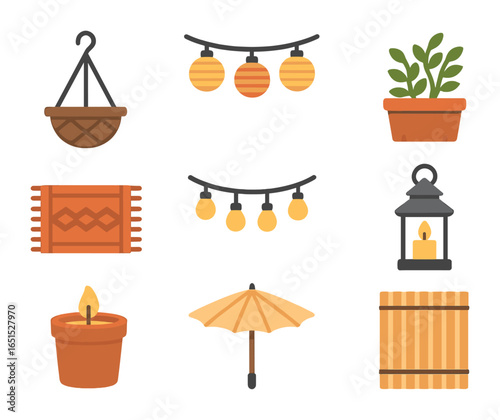 Patio Decor Icons. Flat icon set of patio summer decor: hanging basket, string lanterns, deck plant pot,