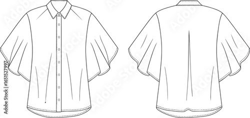 blouse front and back view, cad drawing flat vector illustration, collared neckline, button down front, wide sleeves, pleated back, curved hem, fashion garment template