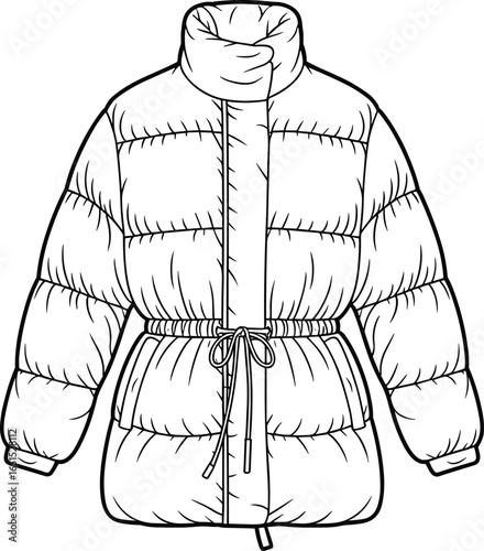 puffer jacket front view, cad drawing flat vector illustration, high collar, flap pockets, drawstring waist, quilted stitching, fashion design template, garment construction