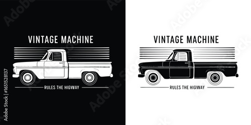 Stylized illustration of a vintage pickup truck with the text vintage machine and motion lines, presented in both black and white versions