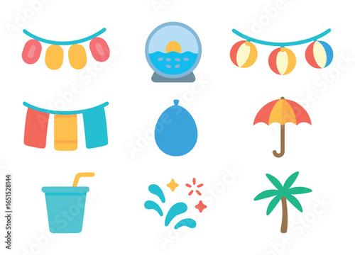 Poolside Party Icons. Flat icon set of poolside party decorations: float banner, pool light, beach ball string