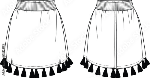 skirt front and back view, cad drawing flat vector illustration, ribbed waistband, tassel hem, center seam, garment construction, fashion design template