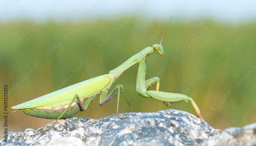 Green praying mantis on rock Green praying mantis on rock