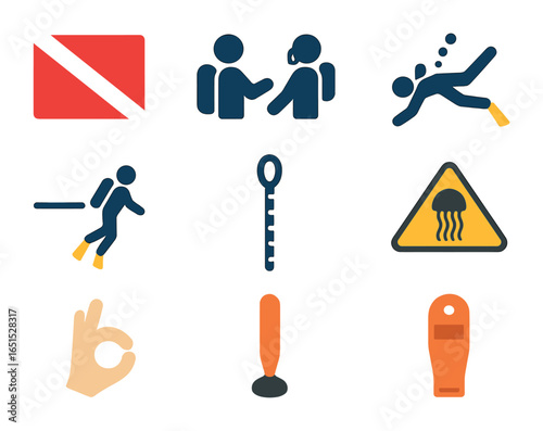 Diver Safety Icons. Flat icon set of diver safety signs: no diving flag, buddy check icon, emergency ascent,