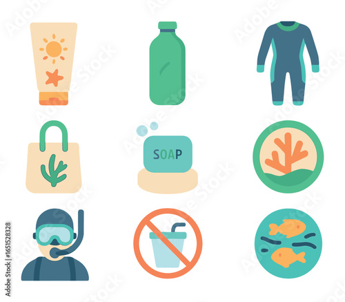 Reef-Friendly Icons Set. Flat icon set of reef-friendly products: reef-safe sunscreen, biodegradable bottle,