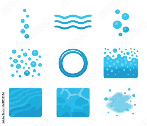 Underwater Bubble Icons. Flat icon set of underwater bubbles and texture: air bubble stream, ripple lines,