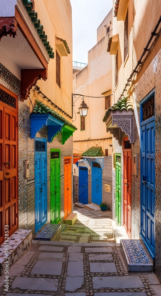 Fototapeta premium Old Moroccan medina with colorful doors and intricate tiles