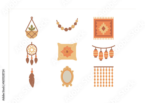 Boho Garden Icon Set. Flat icon set of boho garden decor: macrame hanger, beaded garland, tribal rug,