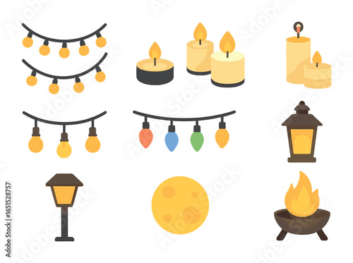 Ambient Lighting Icons. Flat icon set of ambient lighting: fairy lights, tea lights, pillar candles, lantern