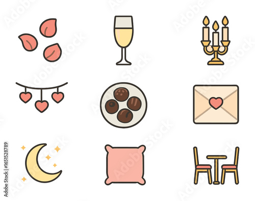 Romantic Date Icons. Flat icon set of romantic garden date: rose petals, champagne glass, candle holder,
