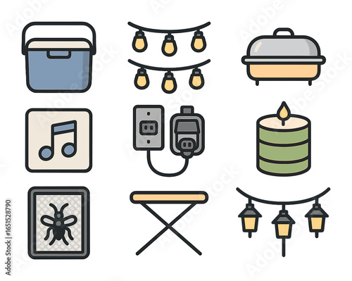 Party Prep Icons. Flat icon set of evening party prep: cooler box, string light spool, food tray, playlist
