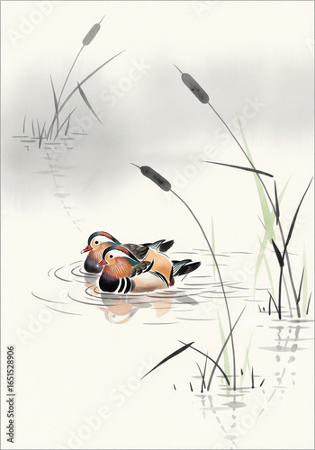 연못 위의 원앙 한 쌍