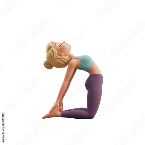 3D character woman performing camel yoga pose in turquoise and purple athletic wear