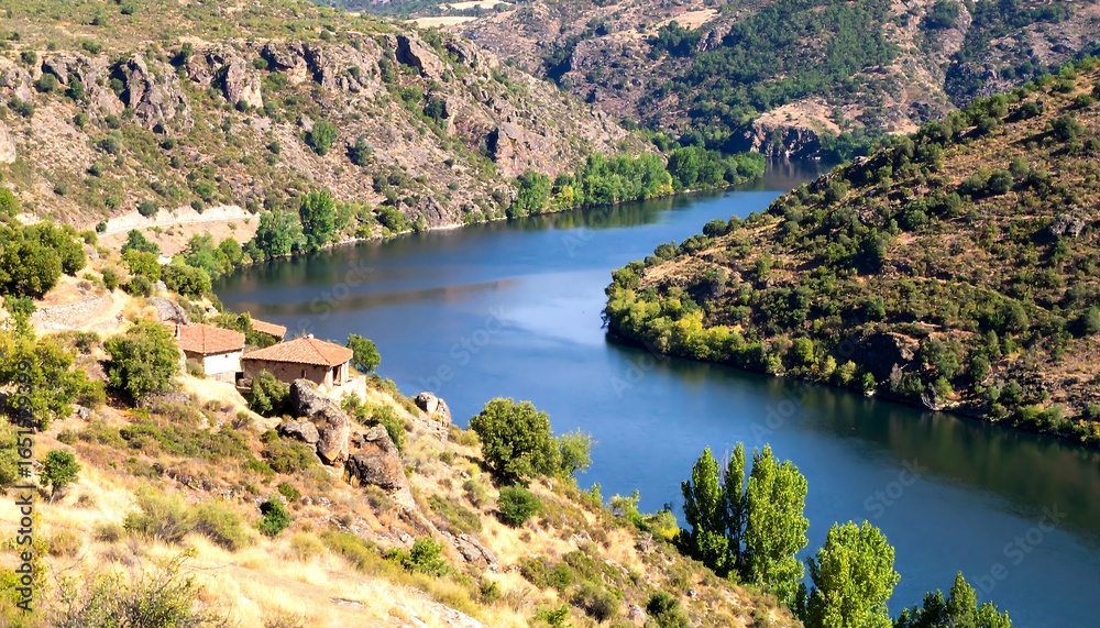 Fototapeta premium Scenic river valley with houses nestled in the hills