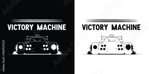 Formula racing car with the text victory machine in white and black versions, isolated on white background