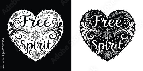 Decorative heart shape with free spirit lettering and intricate floral patterns, displayed in black and white, symbolizing freedom and individuality