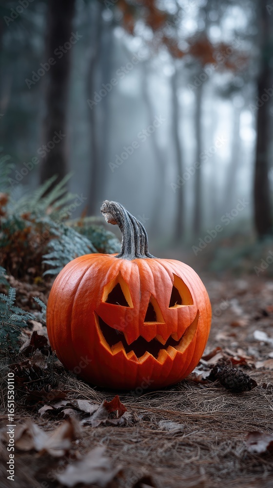 Fototapeta premium Carved Halloween pumpkin sits on forest floor with ferns and fallen leaves, a spooky tradition for the autumn season, evoking a sense of mystery and enchantment.