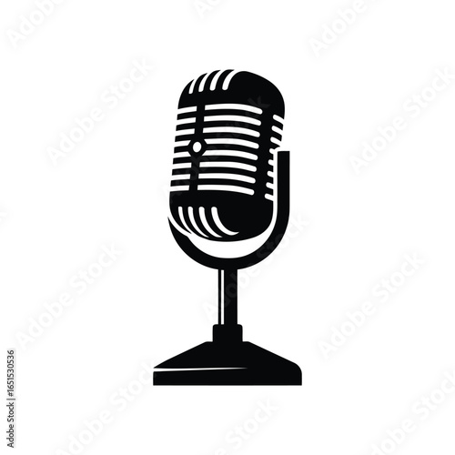 Vector art of black silhouette of a vintage microphone on a stand isolated on white background