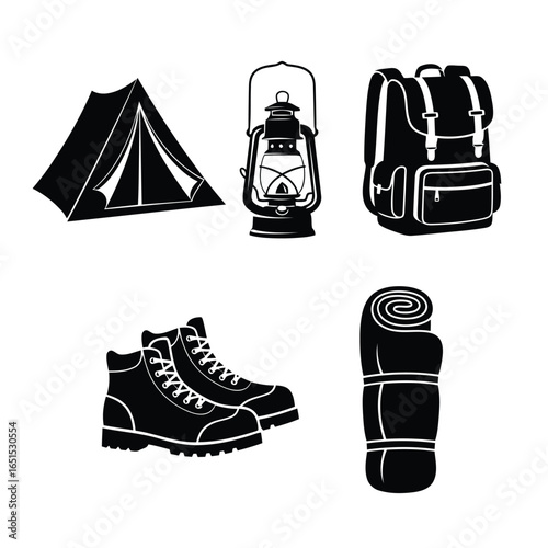 Vector art of camping and hiking gear set including tent, backpack, lantern, boots, and sleeping bag, isolated on white background