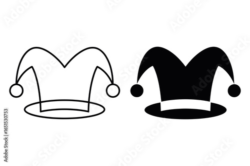 Two jester hats one in outline and the other in solid black with dangling ball accents