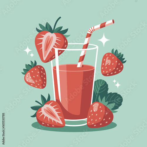 Delicious Strawberry Juice Illustration with Fresh Strawberries and Striped Straw for Healthy Eating and Lifestyle Choices
