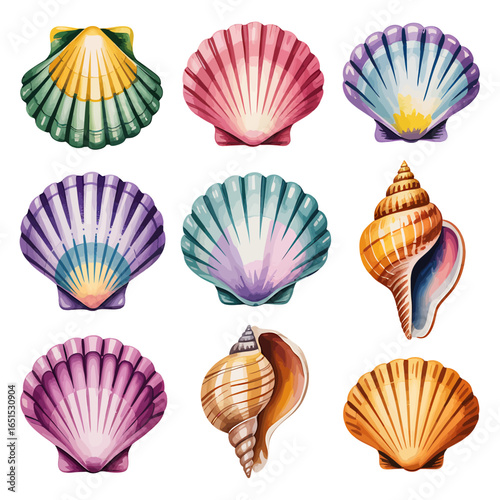 Watercolor Seashells Collection with Various Shapes and Colorful Designs Beautiful Aquatic Elements Ideal for Summer Crafts and Beach Themed Decorations