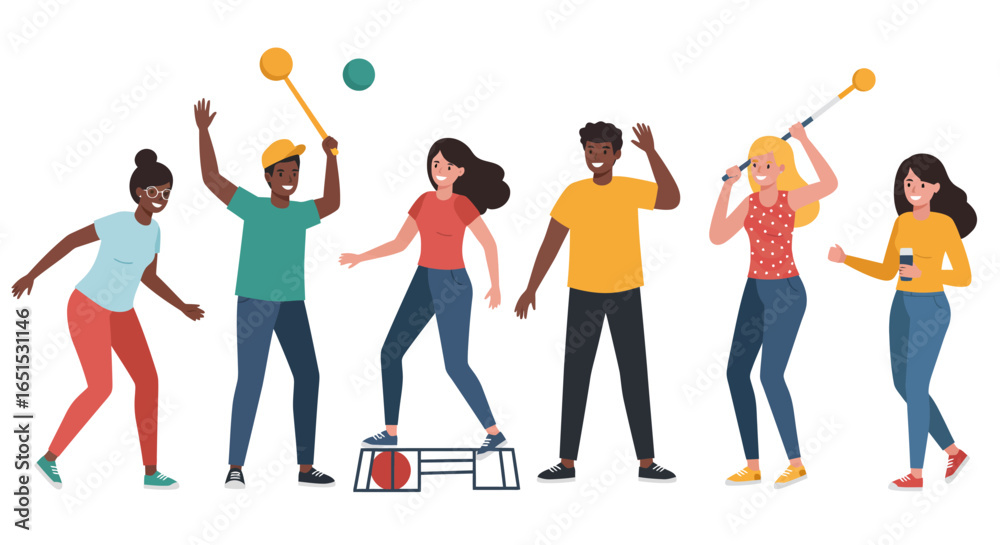Obraz premium A diverse group of six smiling individuals enthusiastically participating in various athletic and fitness activities, including track and field events.