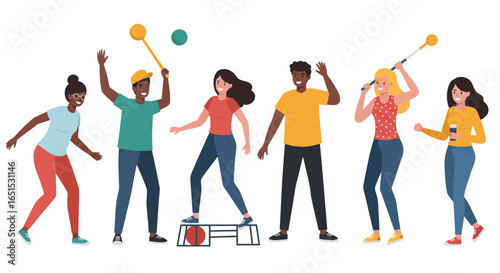 A diverse group of six smiling individuals enthusiastically participating in various athletic and fitness activities, including track and field events.