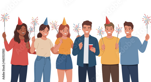 A diverse group of six smiling young adults wearing colorful party hats and holding sparkling sparklers, celebrating together.