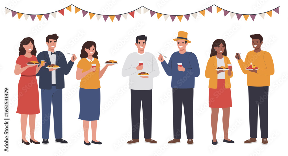 Obraz premium A diverse group of happy people enjoying food and drinks at a festive party with colorful banners.