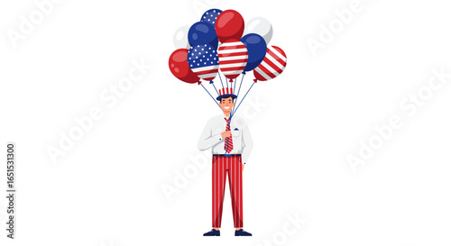 A man dressed in patriotic Uncle Sam-style attire, holding a large bunch of red, white, and blue American flag-themed balloons, celebrating a national holiday.